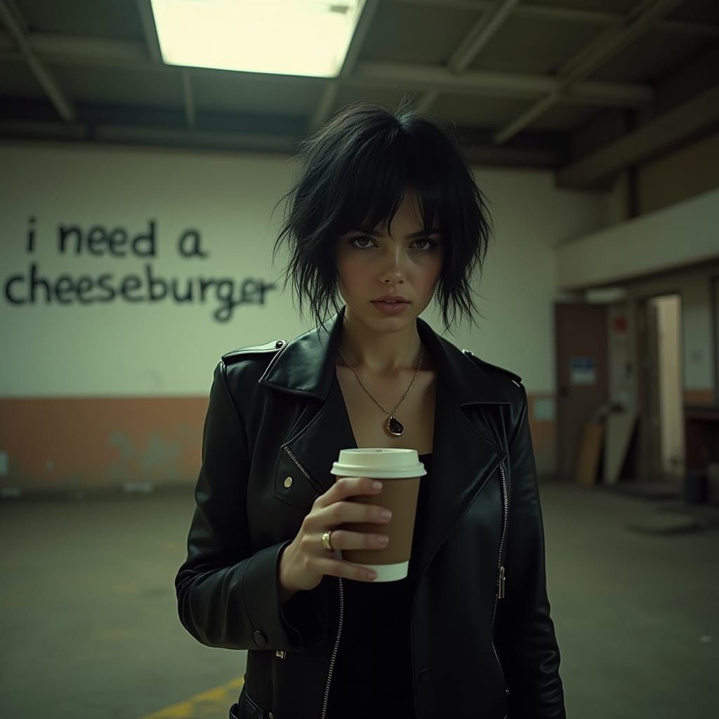 Gritty Woman in Abandoned Gas Station with Coffee and Longin...
