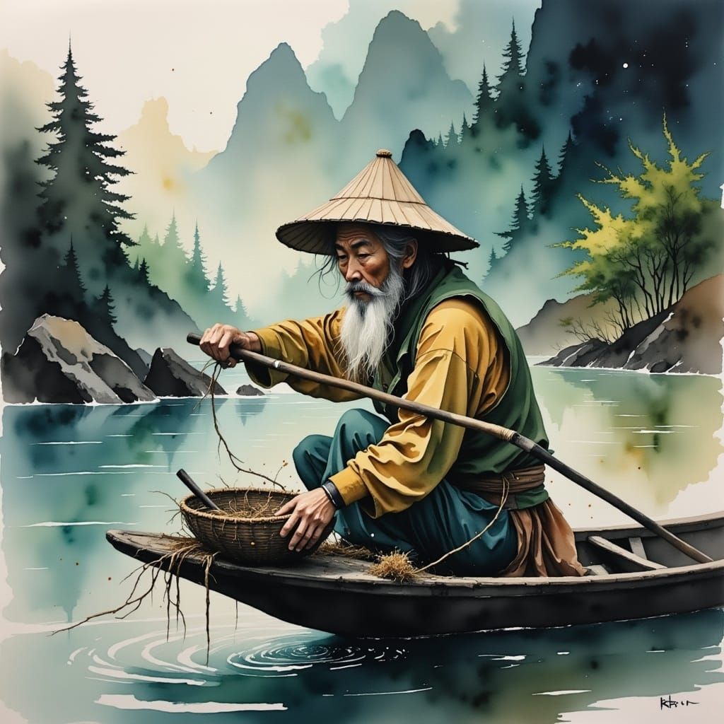 Emotional Guizhou Fisherman in Water-Ink Style