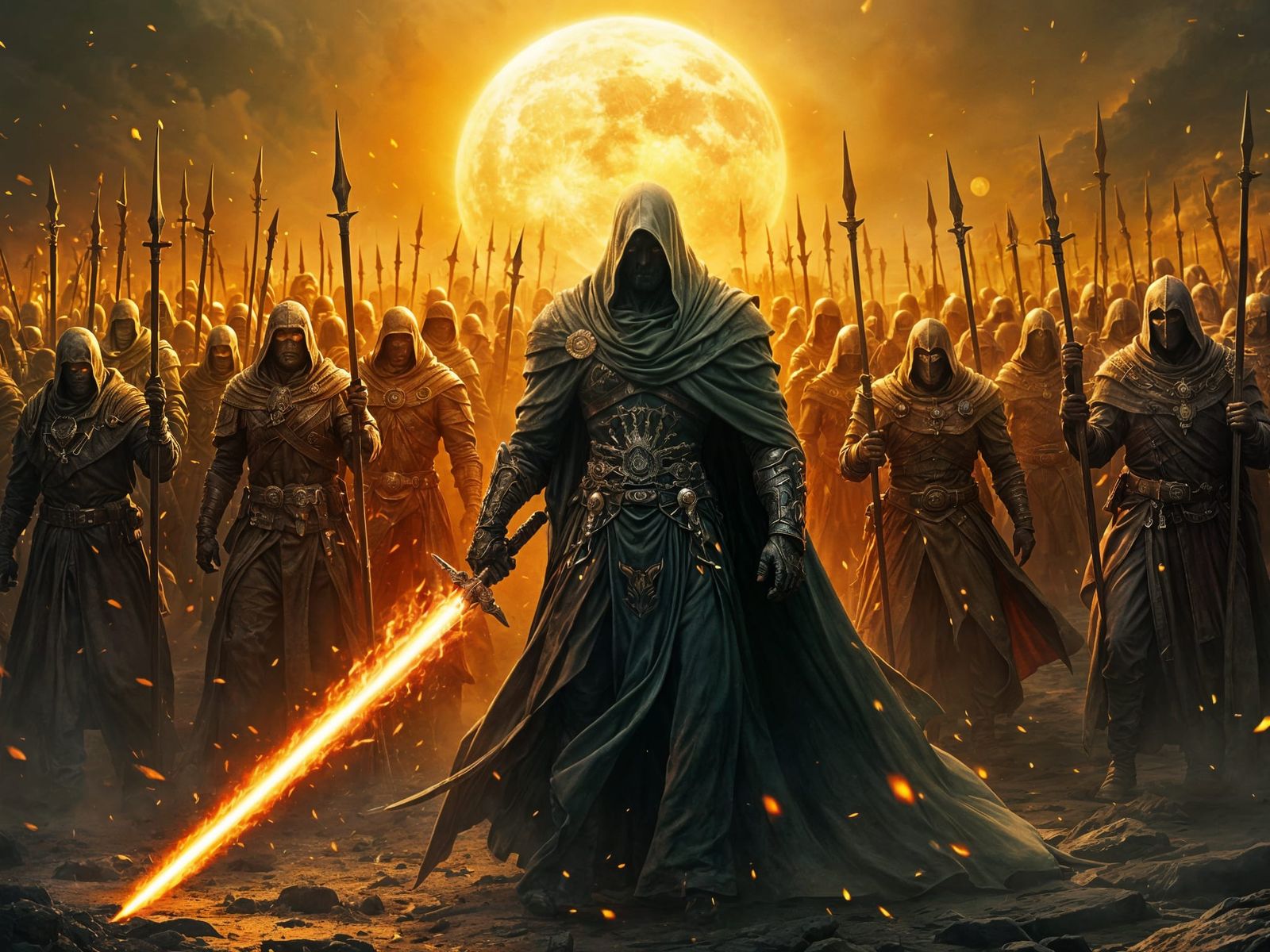 Army Leader Cloaked in Mystery with Glowing Sword