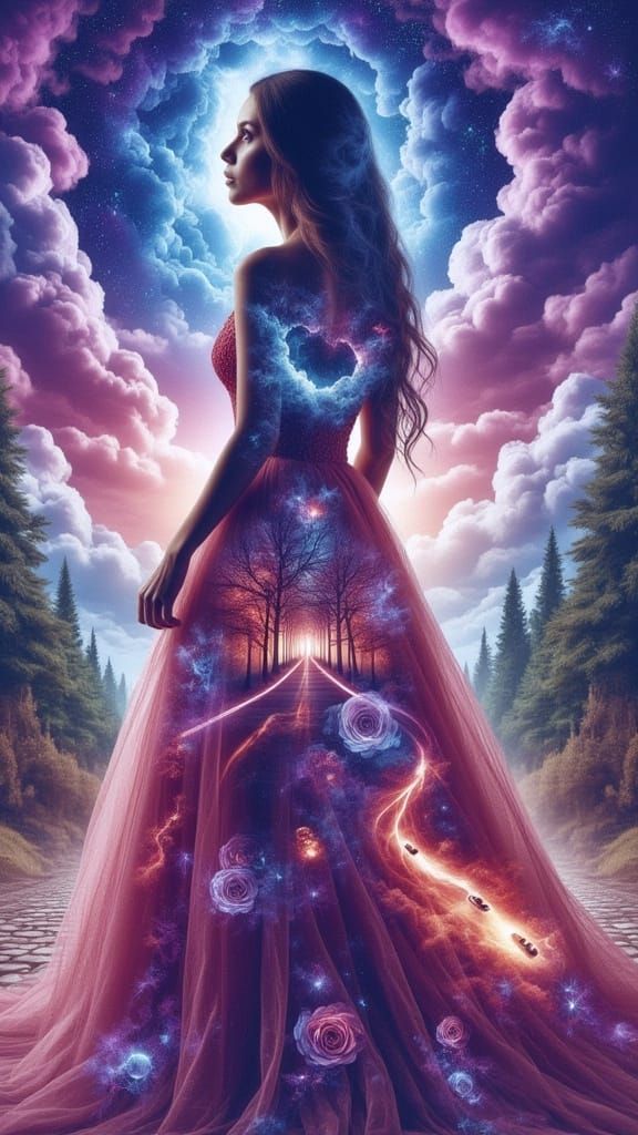 <lora:-Memories-:1.0>  Beautiful princess silhouette, front view, surrounded by a vibrant galaxy, intricately dripping i...