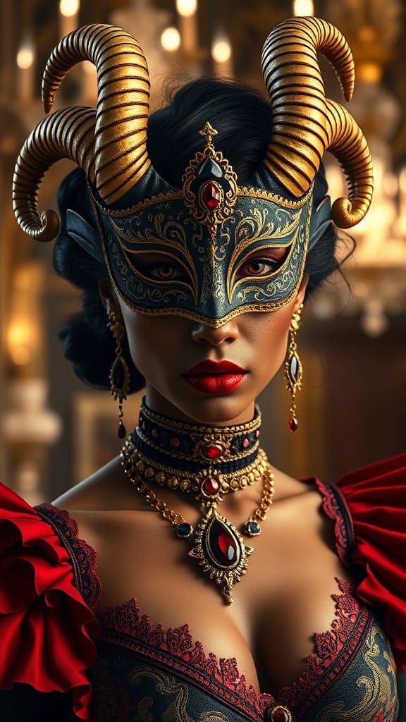 Regal Figure with Golden Horns and Masquerade Mask