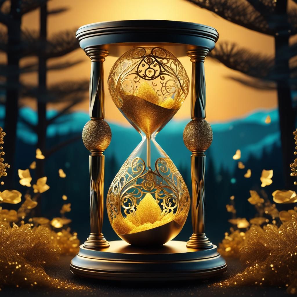 Ornate Hourglass in Enchanted Forest with Aurora