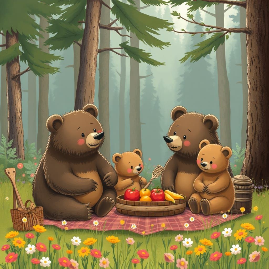 Charming Bear Family Picnic in Vibrant Forest Landscape