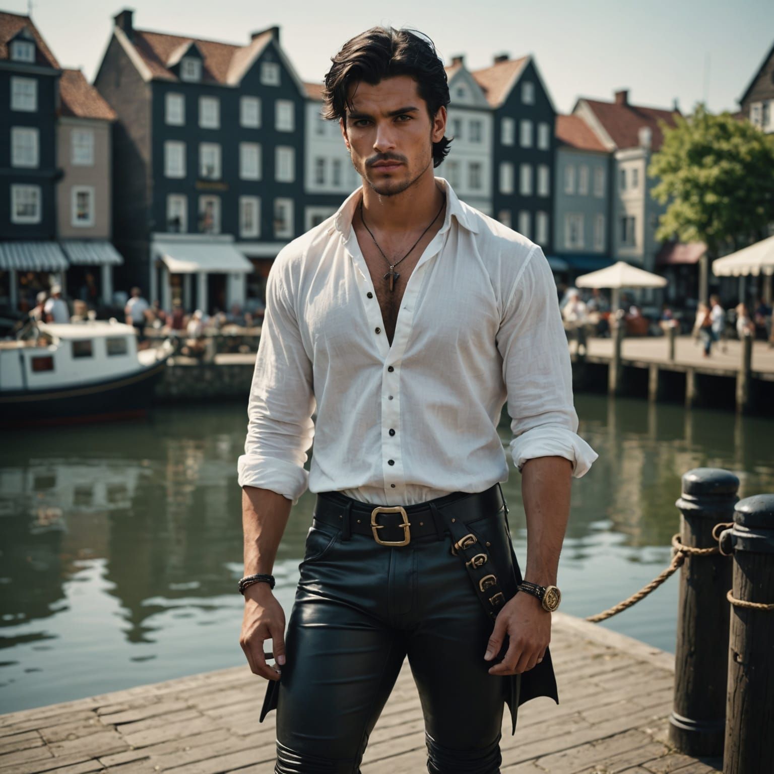 Handsome Pirate in Waterfront Town: Cinematic Film Still