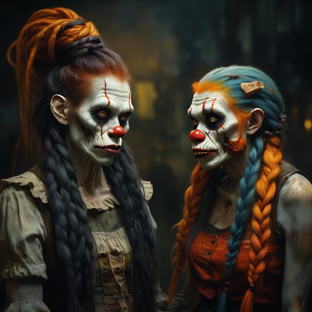 Melancholic Zombie Clowns in Oil Painting Style