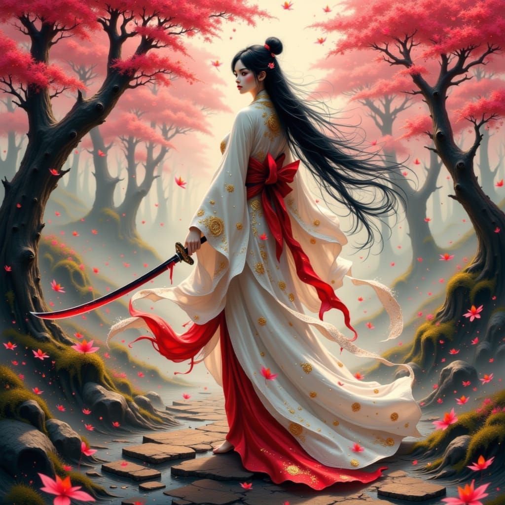 Kitsune in Cherry Blossom Forest with Elemental Tails
