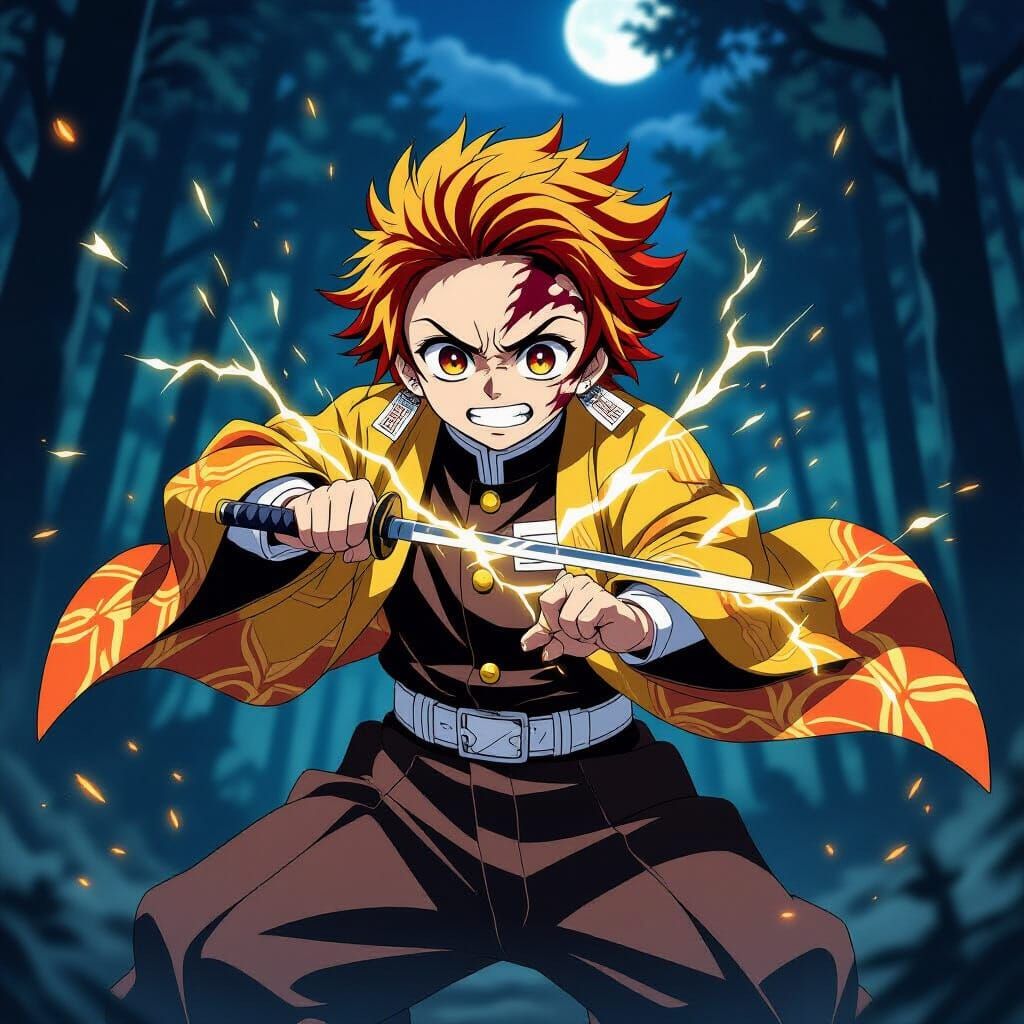 Zenitsu Unleashes Lightning Strike in Anime Art Style