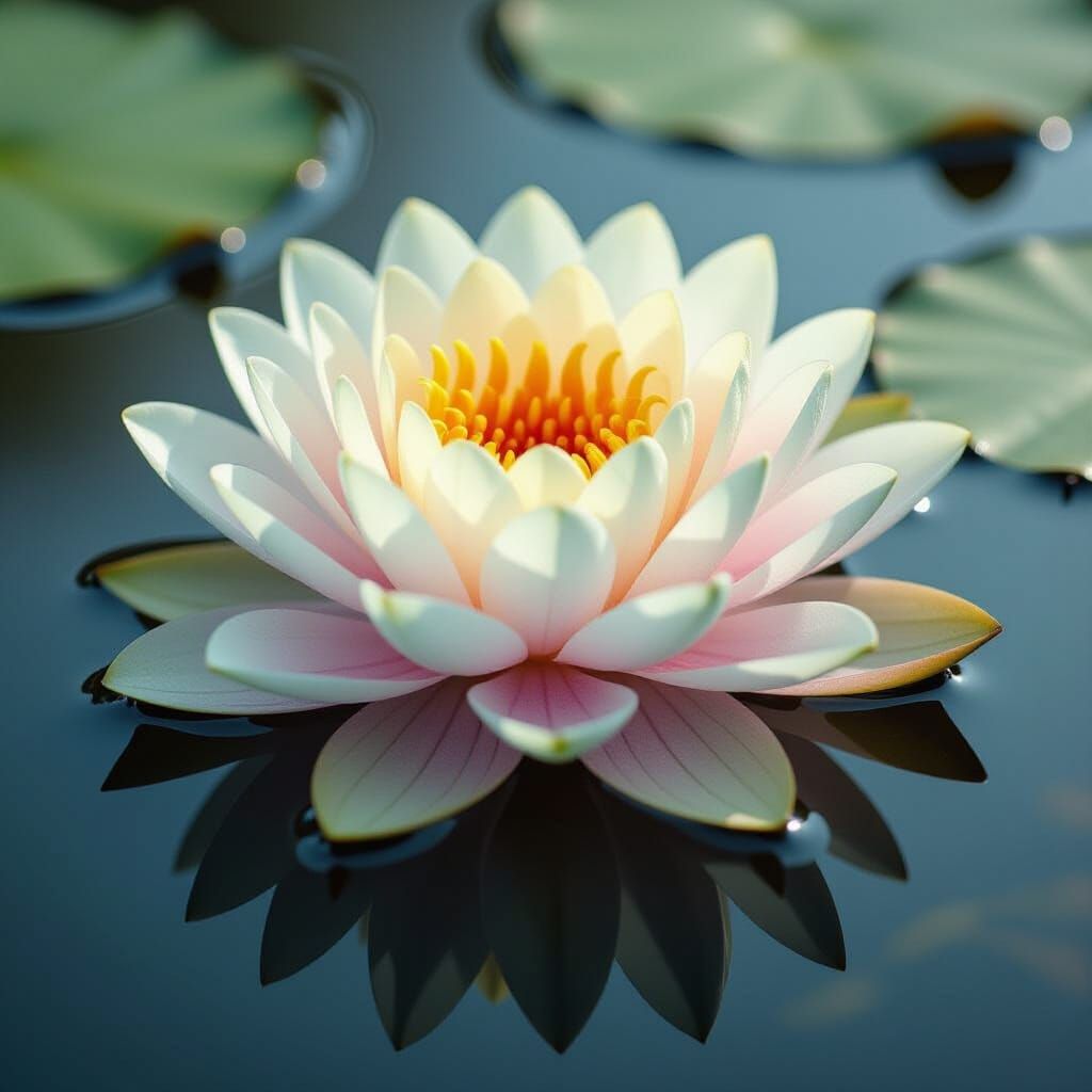 Surreal Water Lily Bloom on Pond, Detailed Illustration