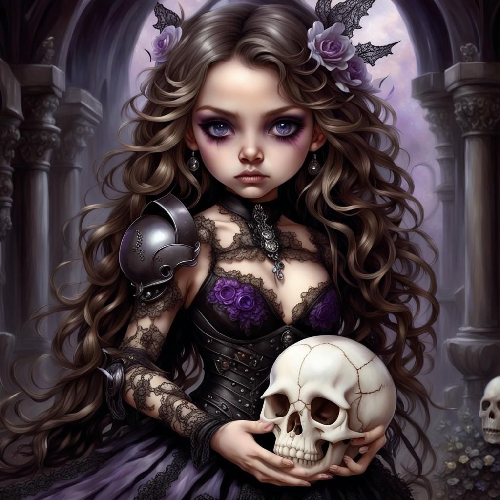 Beautiful Chibi Witch with Skull in Ethereal Style