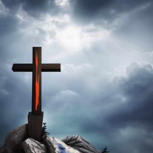 Mountain Cross with Sun Rays: Hyperrealistic Concept Art