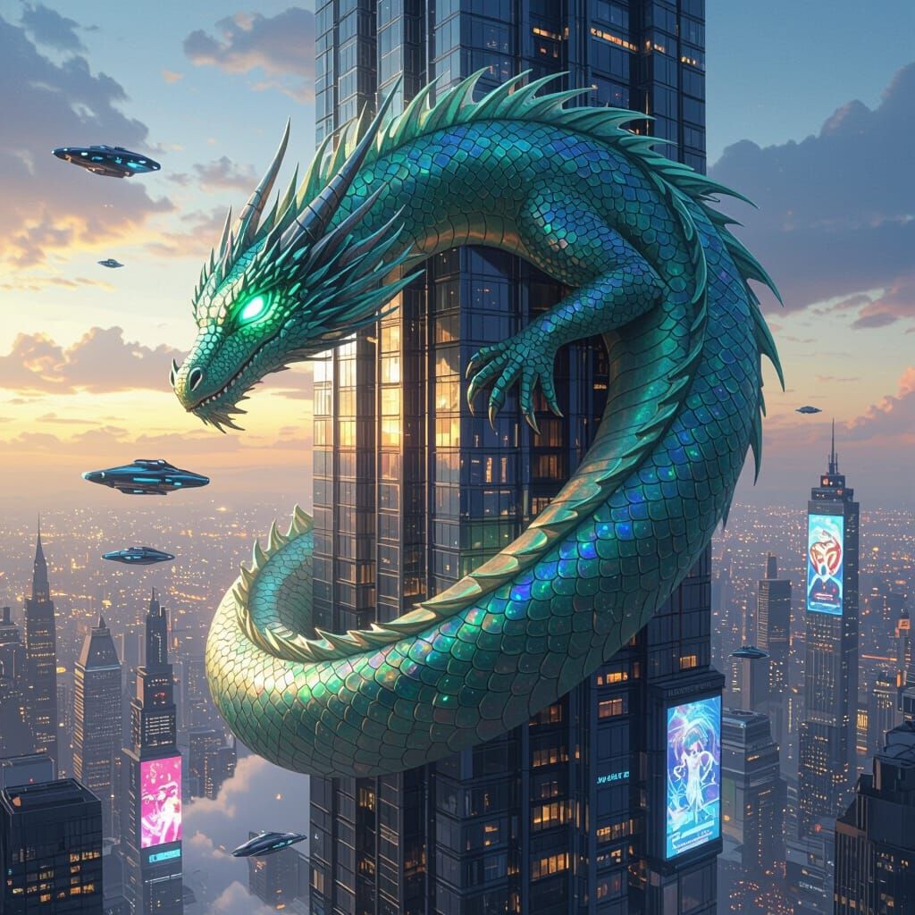 Dragon Wrapped Around Futuristic Skyscraper