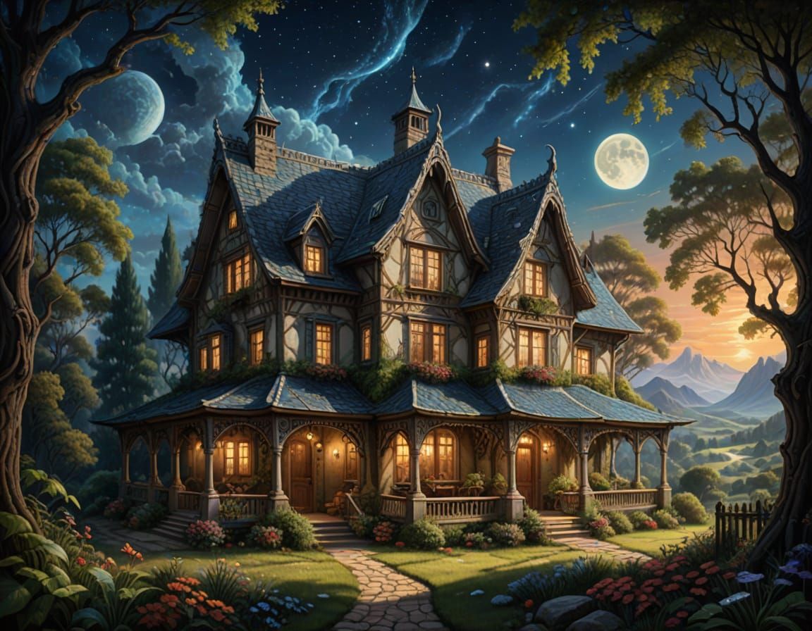 Whimsical Fantasy Cottage Under Mysterious Night Sky