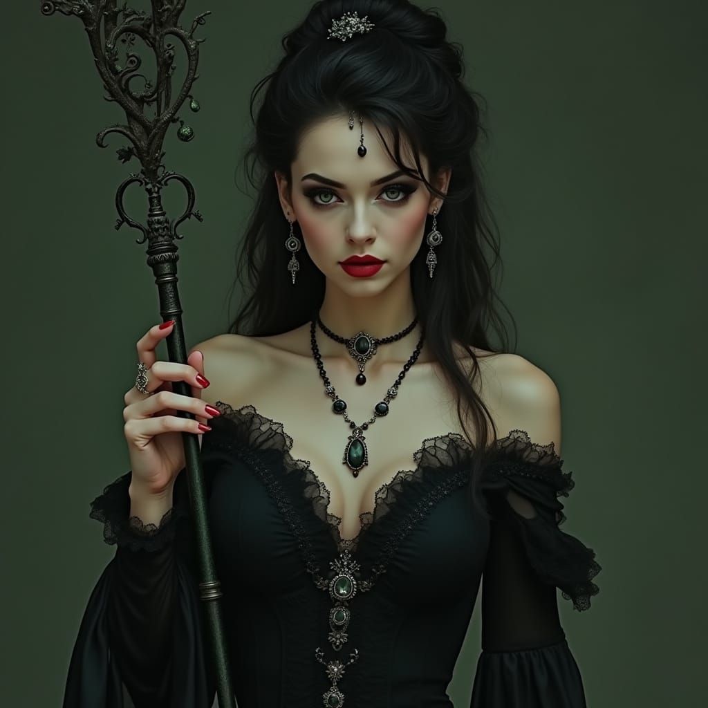 Elegant Dark Sorceress with Mysterious Green Staff