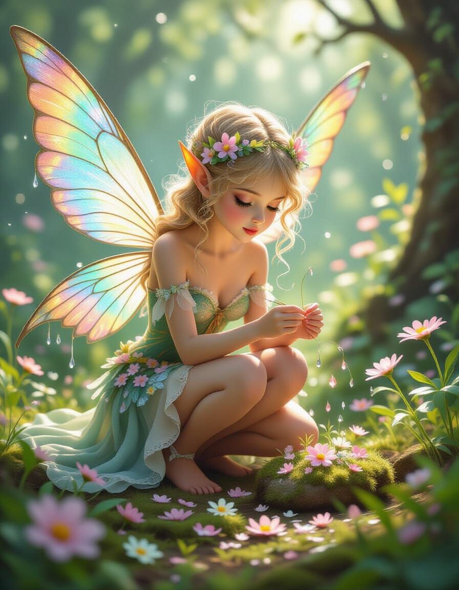 Whimsical Fairy Crafts Dewdrop Sculptures in Sun-Dappled For...