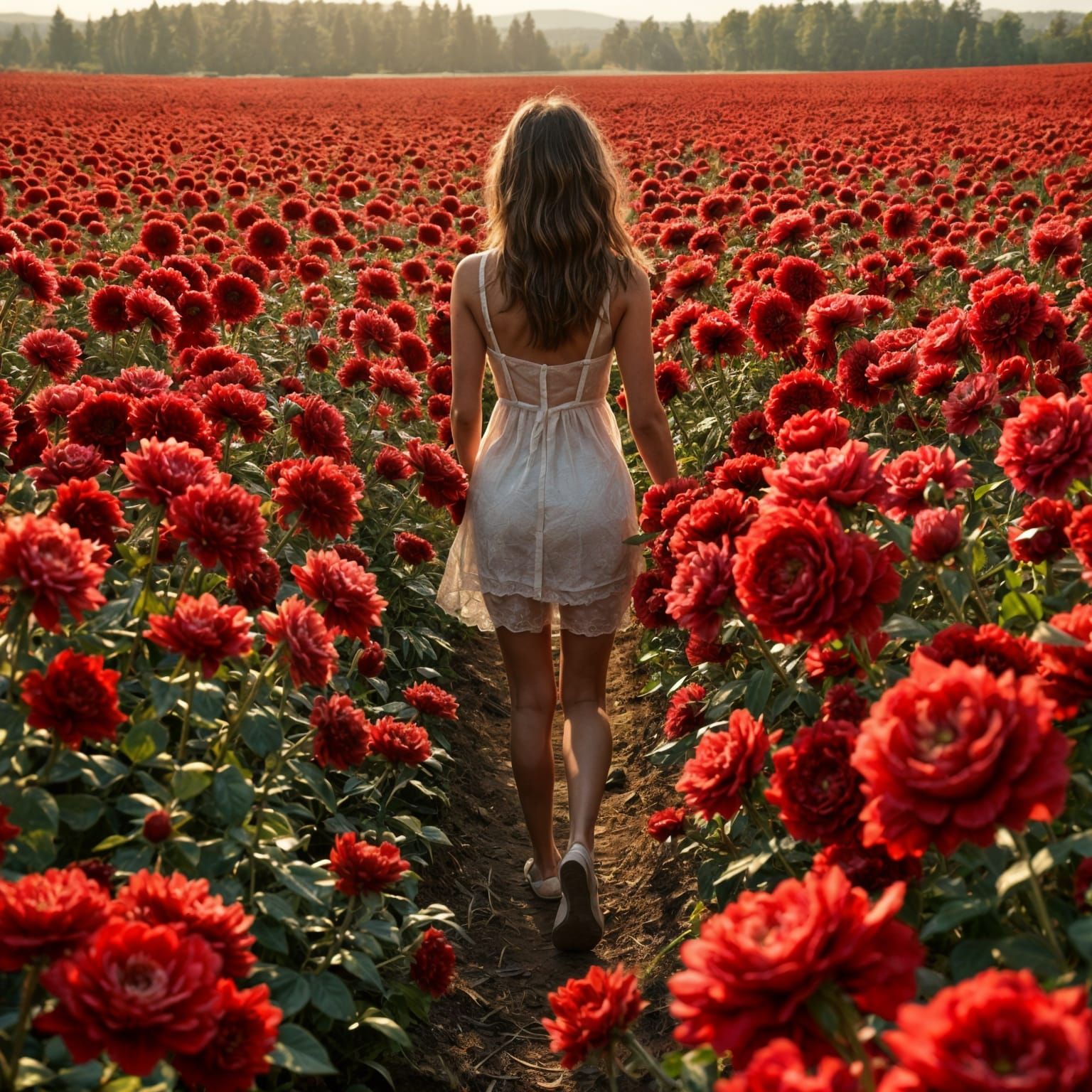Woman in Vast Field of Red Roses