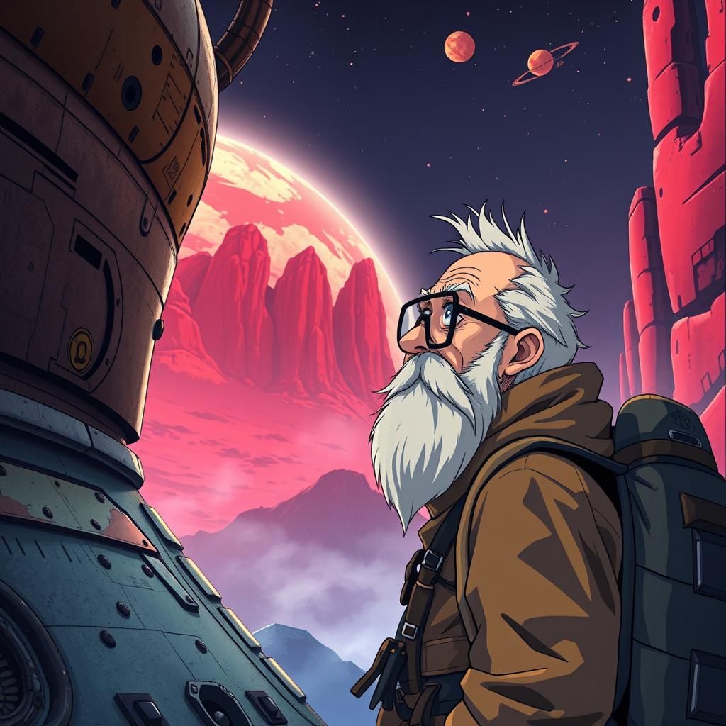 Anime-Style Geologist Gazing at Alien Planet