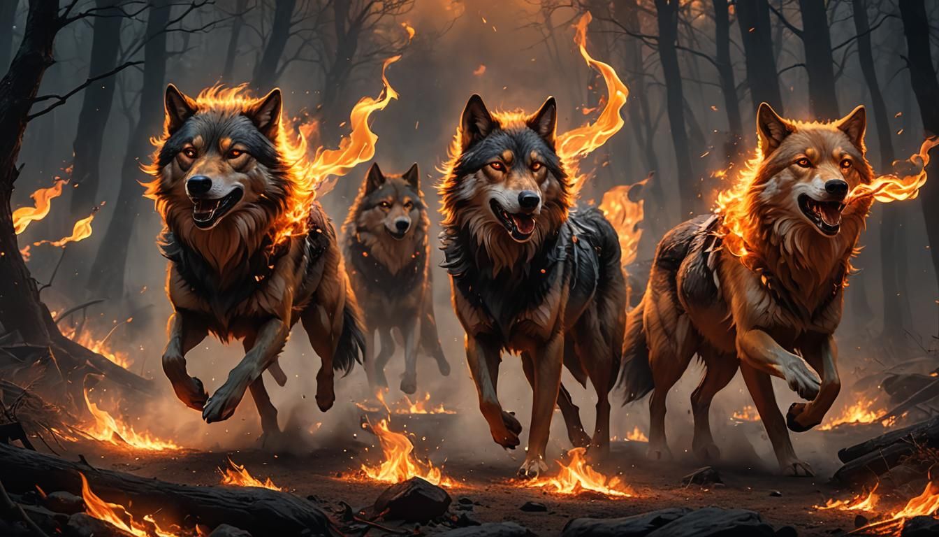 Flaming Wolves Race Through the Night: Fantasy Art