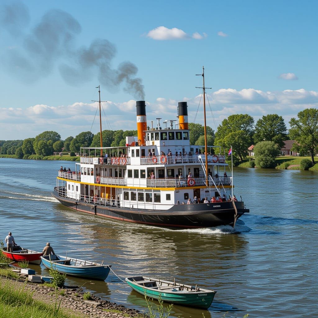 Old-Fashioned Paddle Steamer on River with Smokestacks