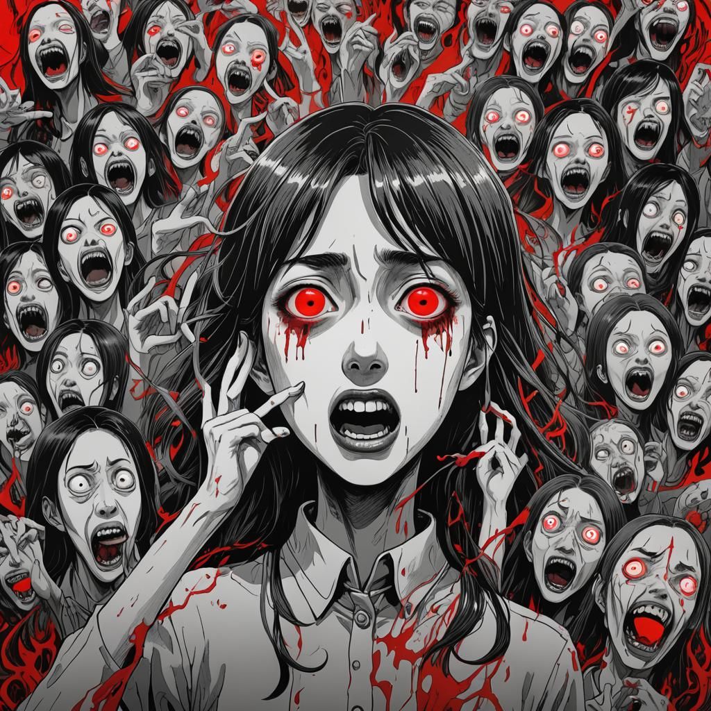 Junji Ito Inspired Screaming Girl in Red Shadow