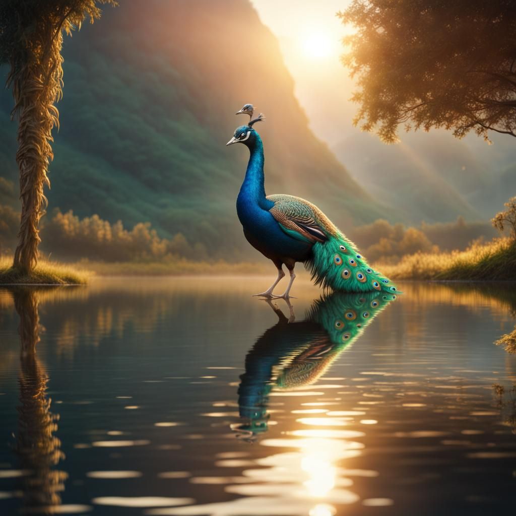 Baby Peacock's Leap at Sunrise: Dramatic Digital Painting