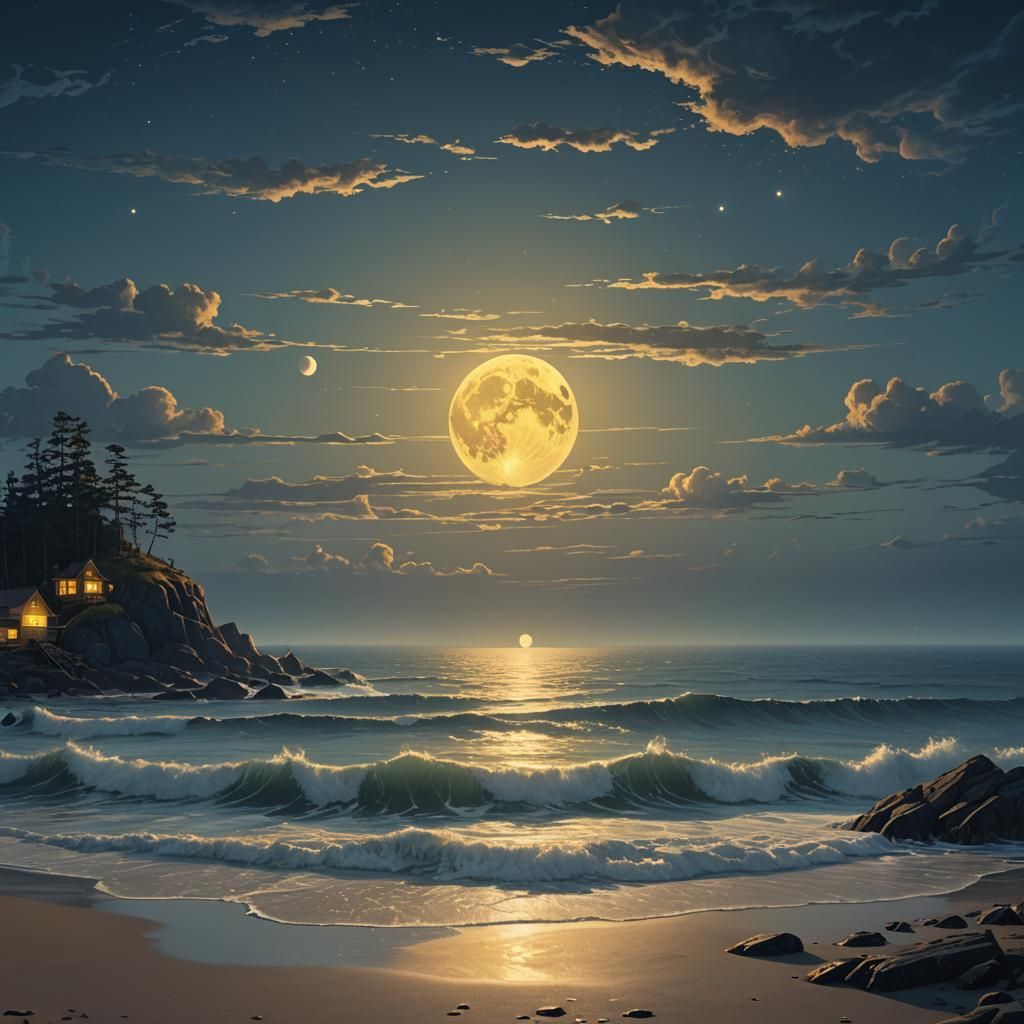 Shining Sea Under Yellow Moon: Digital Matte Painting