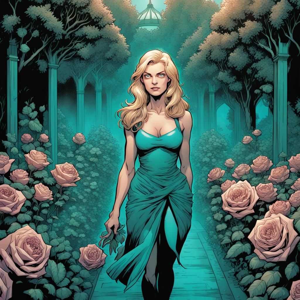 Teal-Eyed Woman in Teal Rose Garden: Comic Book Art