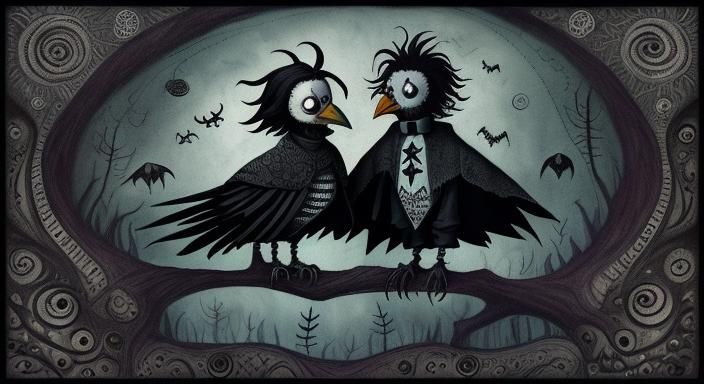 Ethereal Crows in a Whimsical Tim Burton World