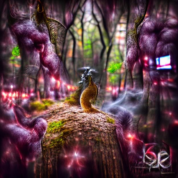 Demon Squirrel Sentinel in Magical Forest: 8K Illustration