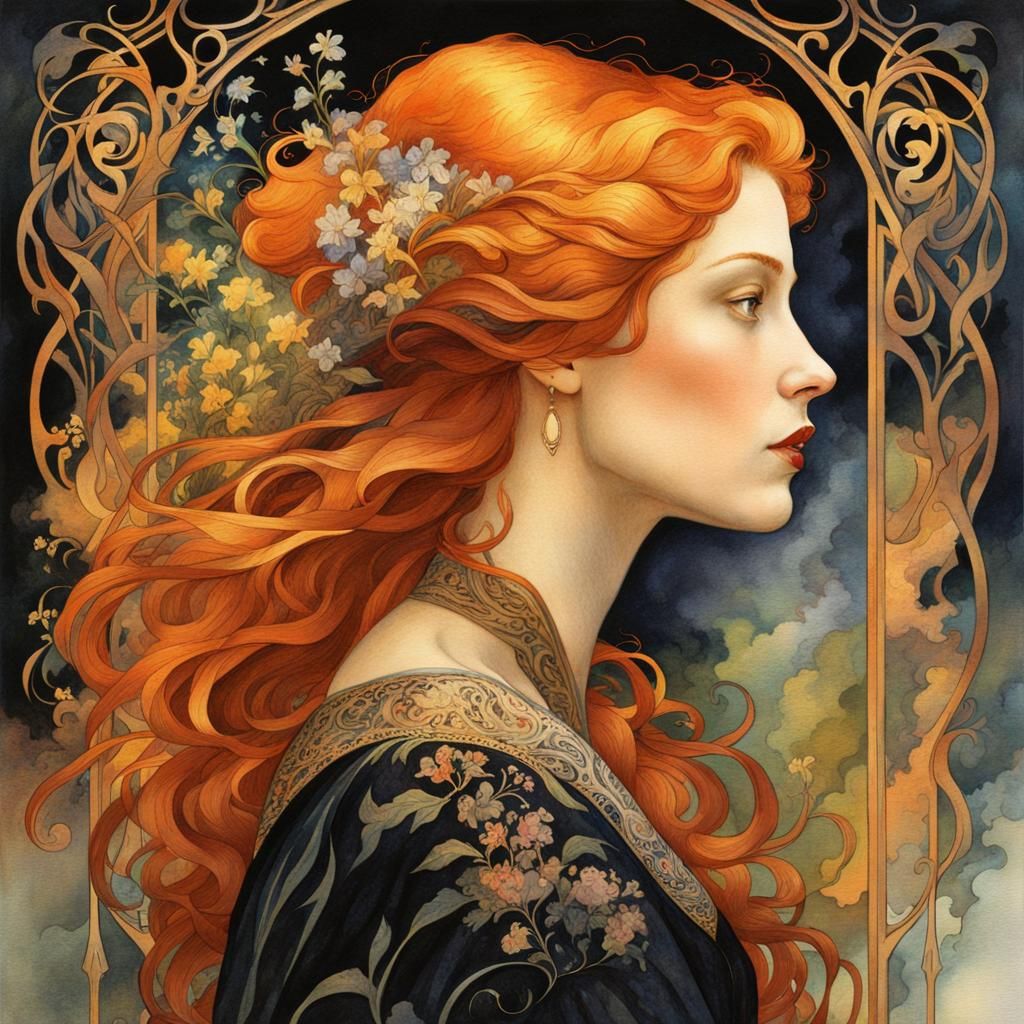 Fiery Portrait of Ginger Woman in Art Nouveau Style