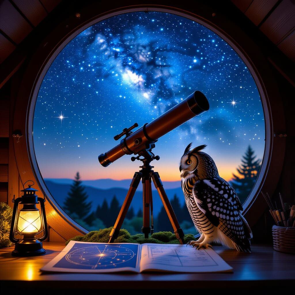 Wise Owl Astronomer Studies Constellations in Treetop Observ...