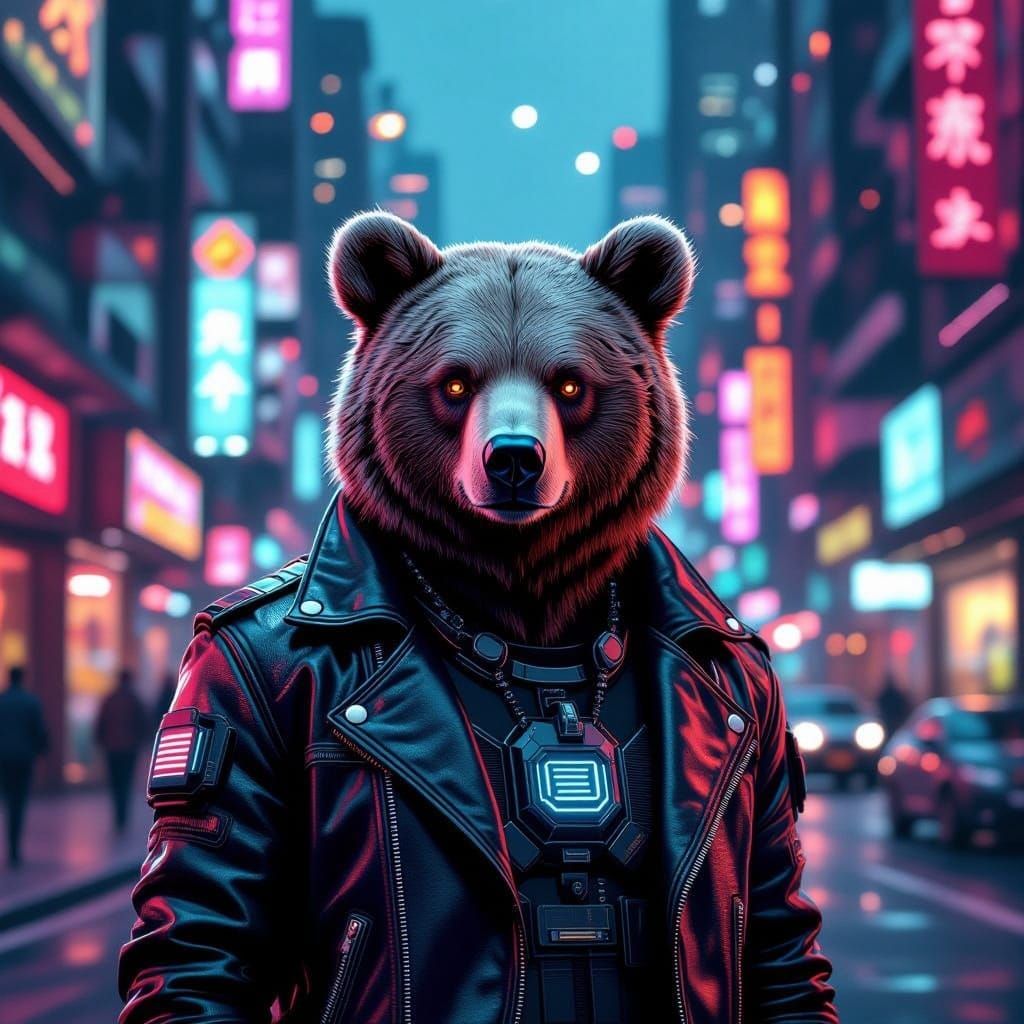 Cyber Bear in a Futuristic Cityscape