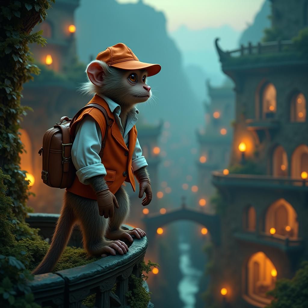 Monkey Detective in Mystical Cityscape at Dusk