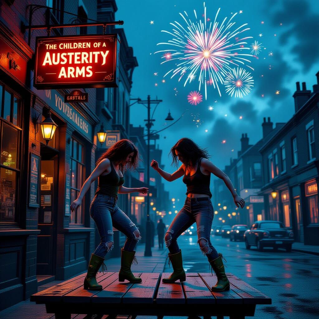 Gritty City Pub Scene in Lowbrow Art Style