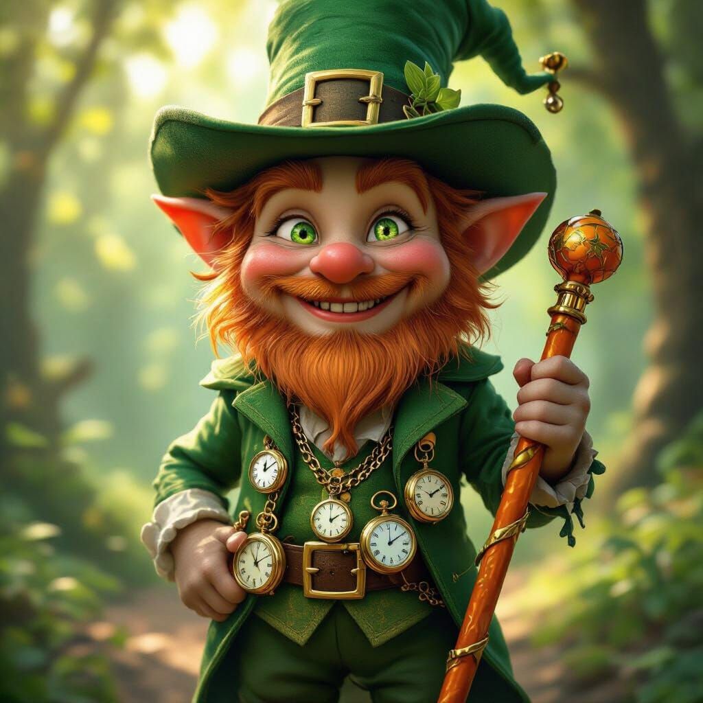 Magical Leprechaun with Crystal Eyes and Golden Watches