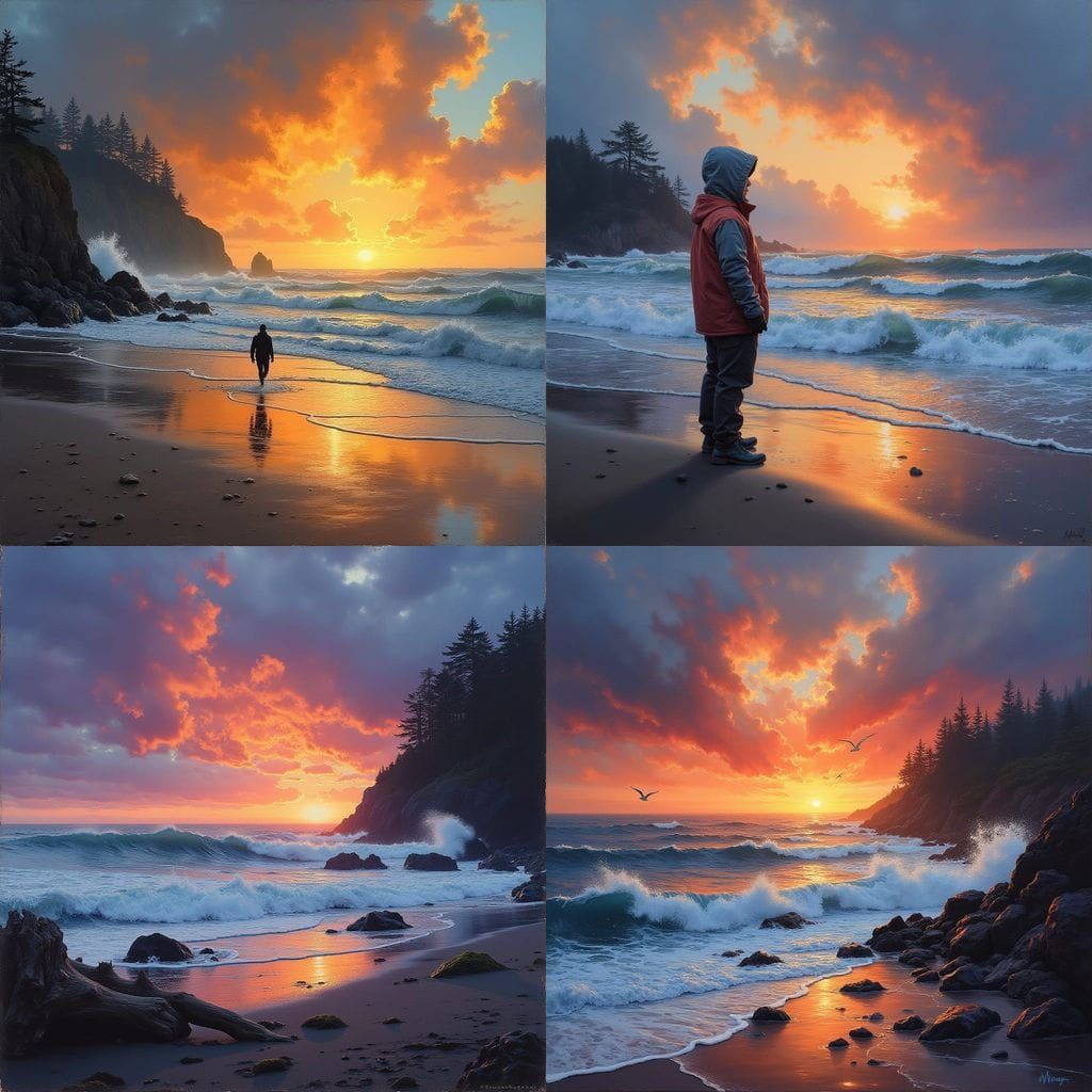 Stormy Sunset on Copalis Beach in Oil Painting Style