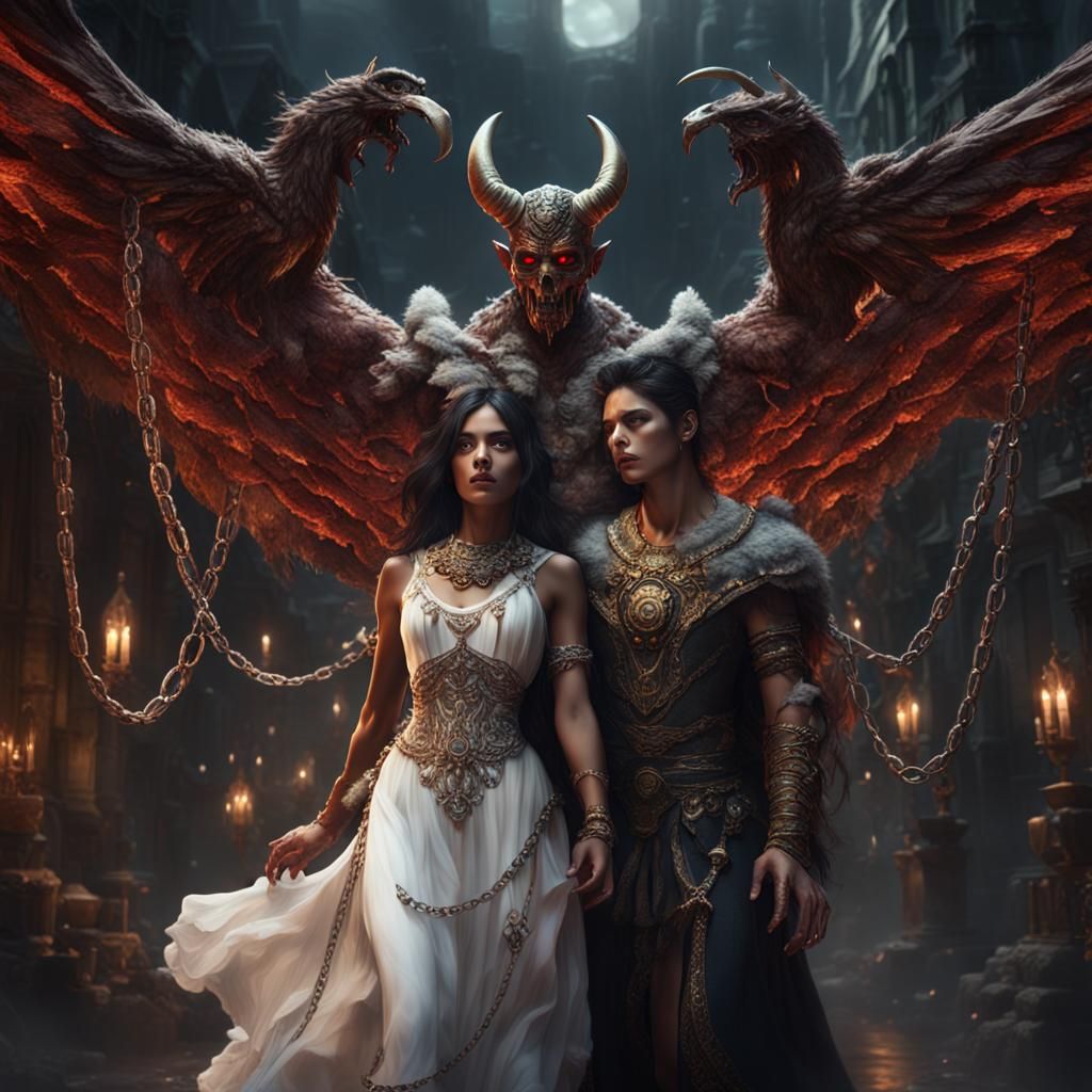 Devil Dragging Angel: Detailed Matte Painting