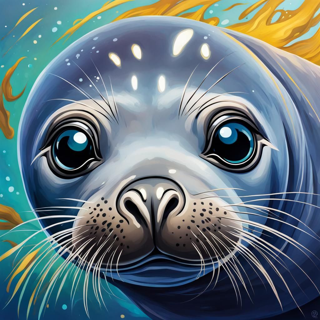 Adorable Baby Monk Seal: Hyperrealistic Splash Art