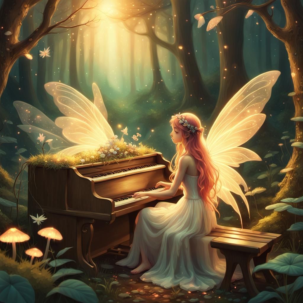 Fairy Playing Piano in Enchanted Forest