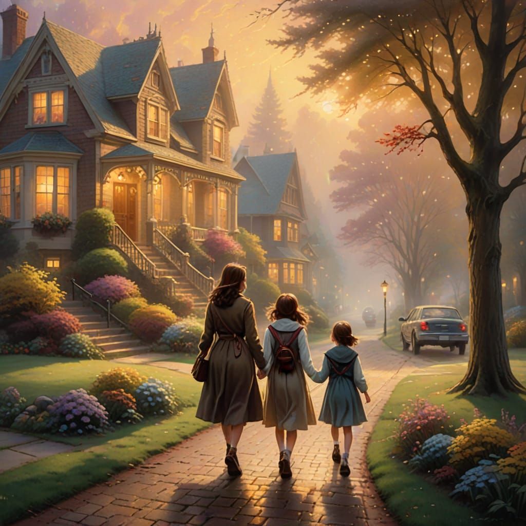 Mother and Child in Whimsical Fantasy Landscape