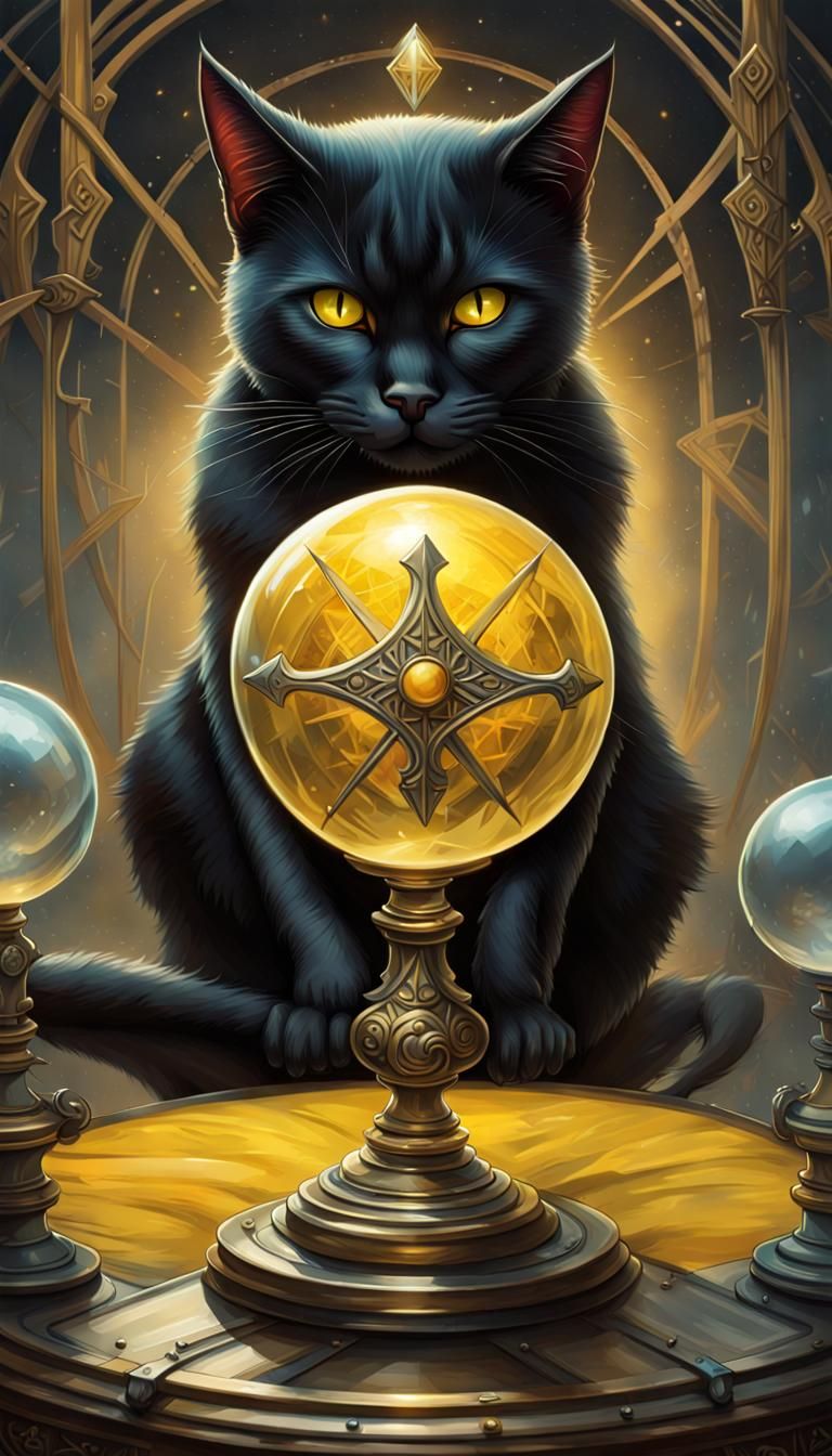 Detailed Black Cat Tarot Card with Crystal Ball