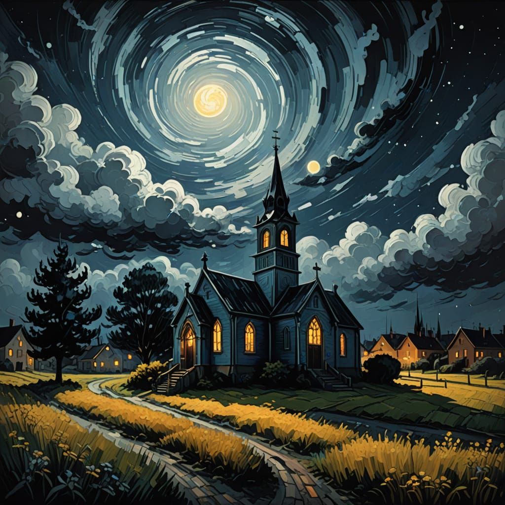 Moonlit Village in a Swirling Night Sky