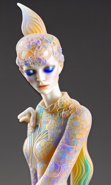 Opalescent Porcelain Android with Floral Ink Designs