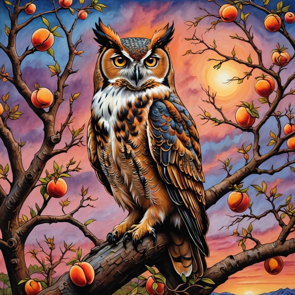 Horned Owl in Painted Desert Sunset: Whimsical Oil Pastel