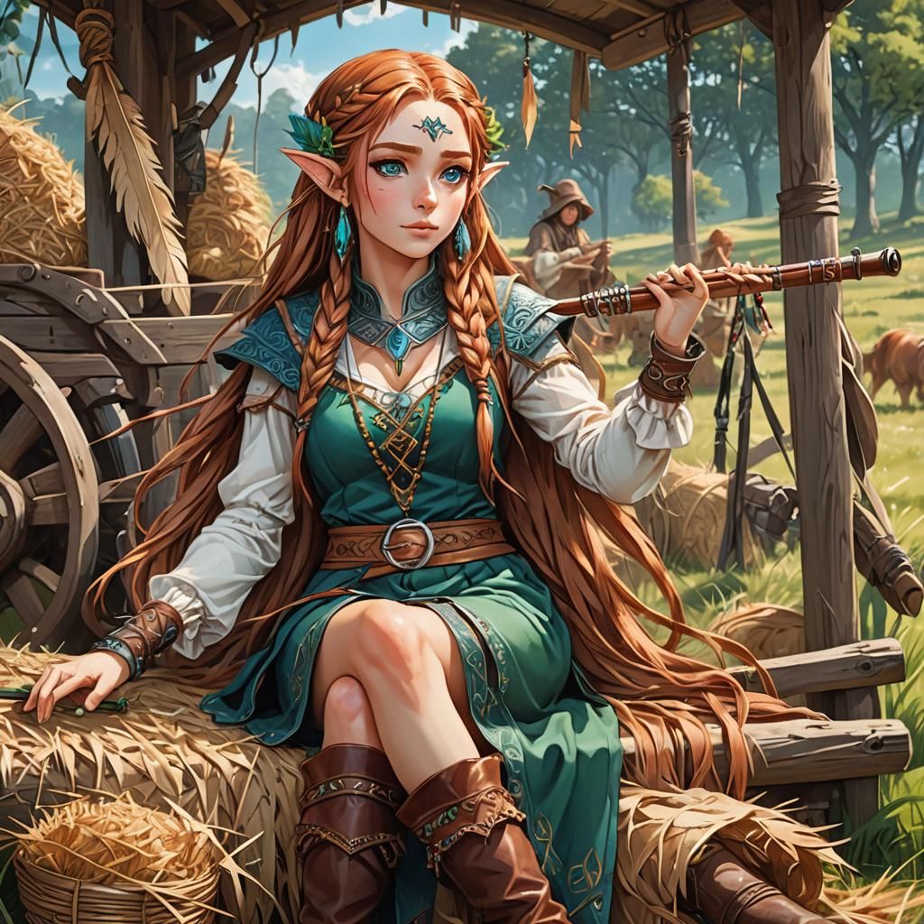 Half-Elf Girl Plays Flute, Cel-Shaded Anime Art