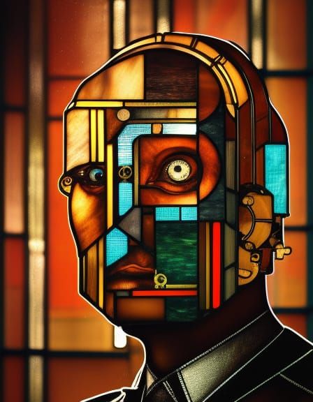 Cyberpunk Man Head in Bauhaus Stained Glass