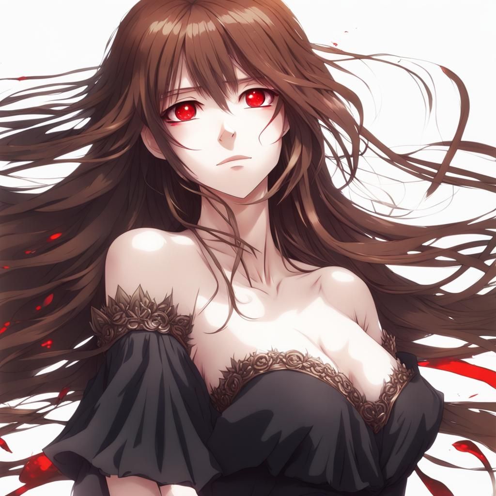 Anime Style Woman with Red Eyes in Black Dress