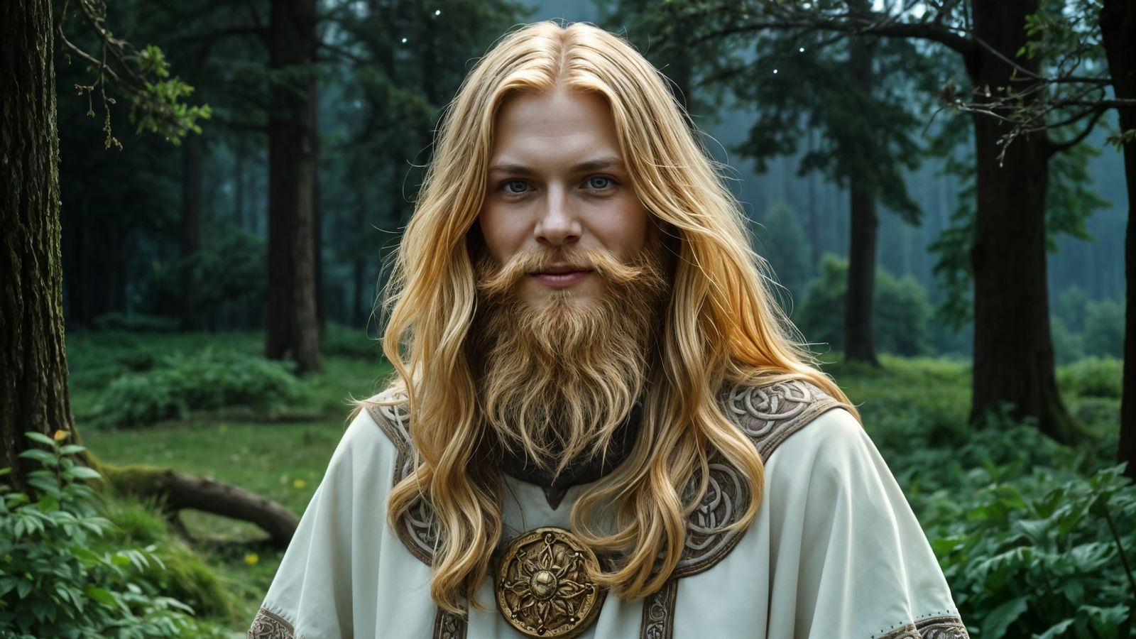 Handsome Young Druid in Lush Green Forest