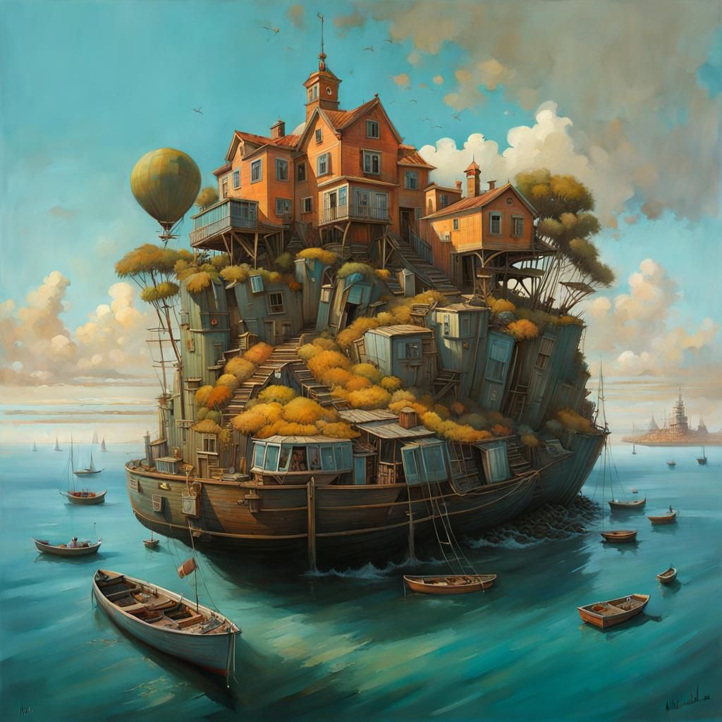 Whimsical Seascape Houseboat by Alejandro Burdisio