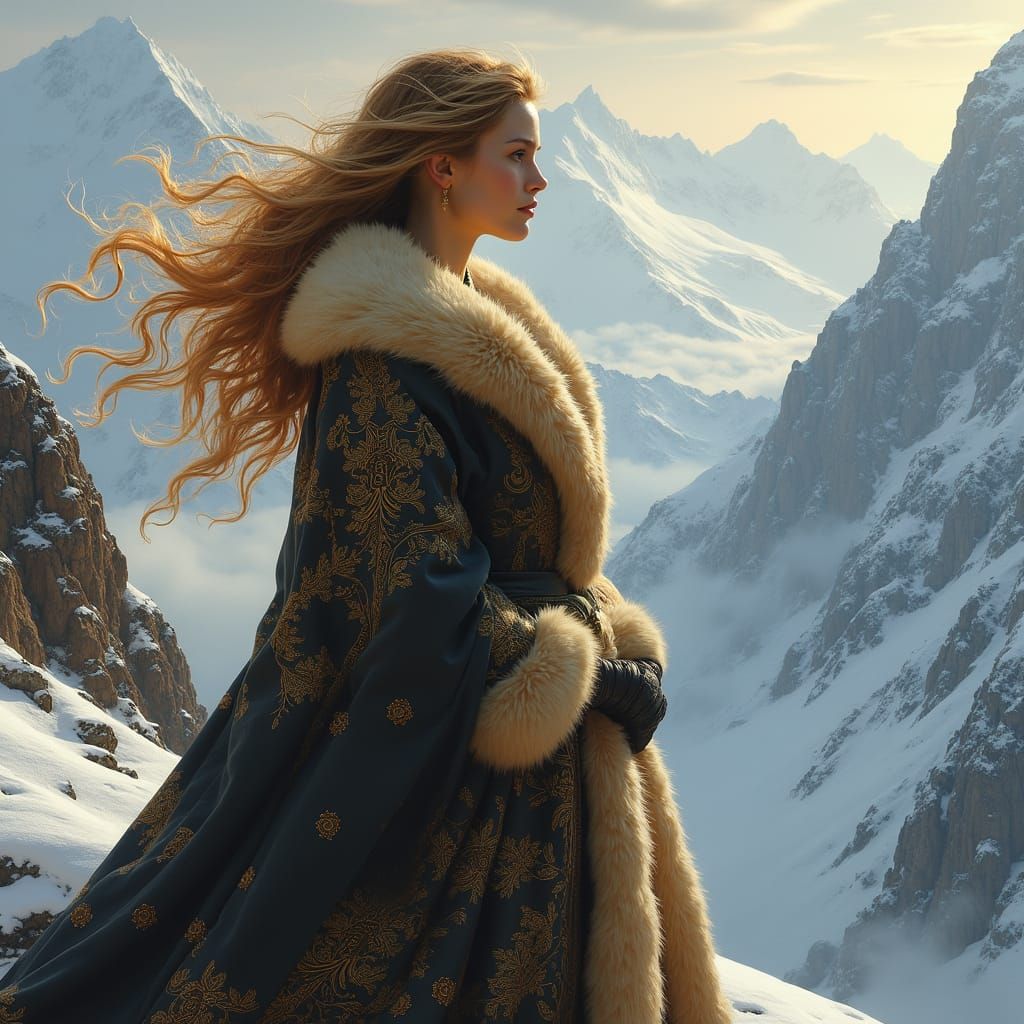 Regal Woman in Luxurious Fur Coat atop Snowy Mountain