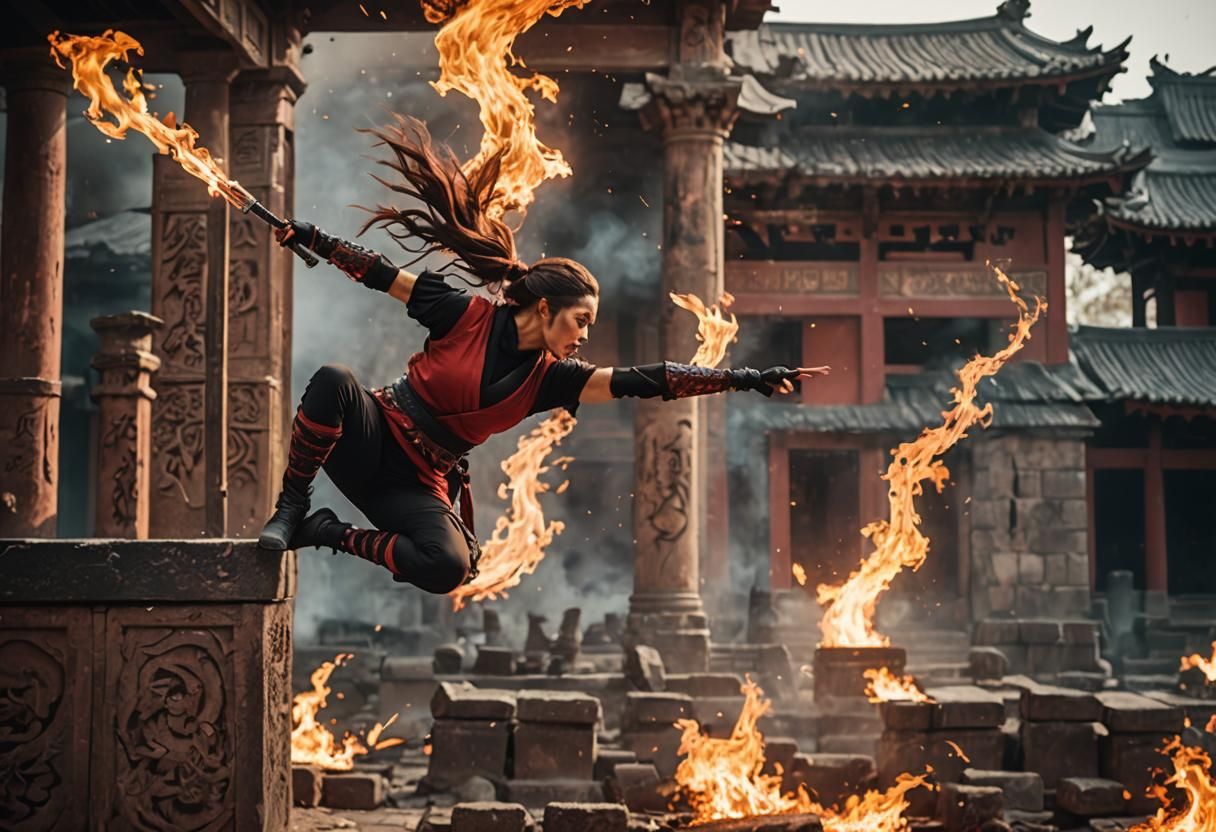 Ninja Leaping from Burning Temple Roof in Cinematic Style